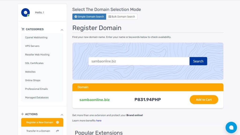 Alt: Truehost domain registration section
