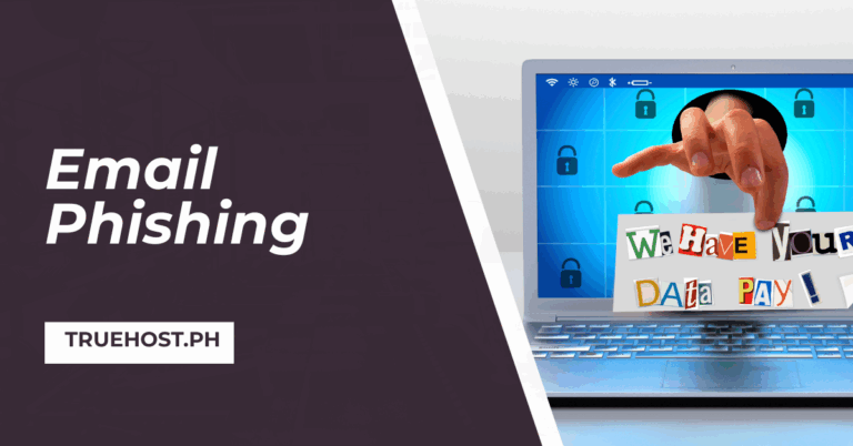 A hand reaching out from the laptop screen with a ransom note and the title, email phishing and the truehost.ph link