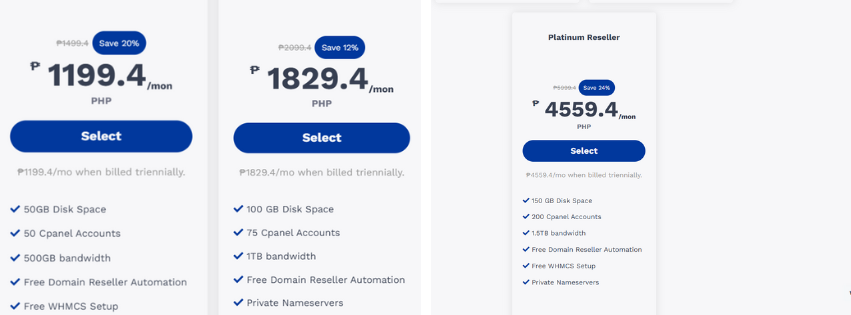 Truehost reseller hosting plans, platinum, silver and Gold reseller