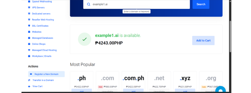 A screenshot of the domain search section of truehost.ph and the price of example1.ai being 4,243 PHP