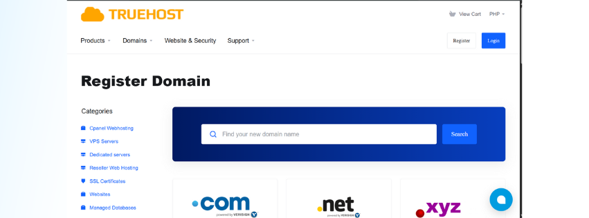 Shows a screenshot of truehost domain search, you can search domain if available before you register .ph domain