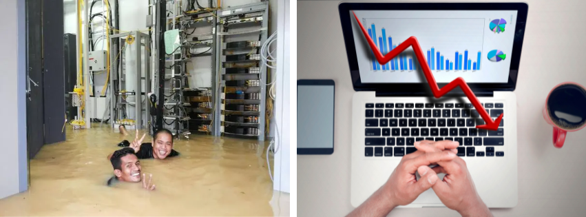 Two mean in awading in water in a flooded sever room and on the other side is a laptoo showing downward stats for performance due to website downtime due to the philippine typhoon season
