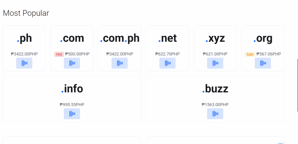 a screenshot of popular truehost domains to use in philiphines