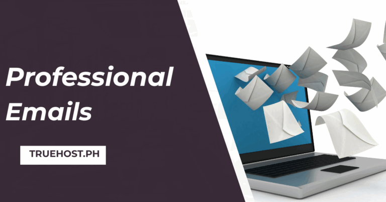 A laptop sending emails, the truehost.ph link and the title professional emails