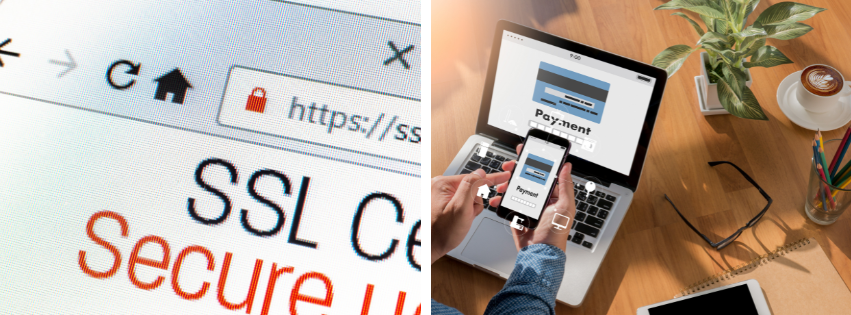Shows SSL certificates image on one gride and a person making an online payment, indicates a secure online payments