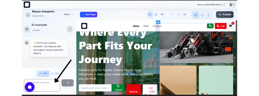 A screenshot of the editor section once olitt ai create your website and you need to make changes hence a no code website