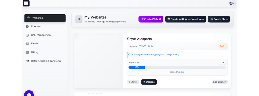 A screenshot of Olitt's ai website building creating a website based on the design. 