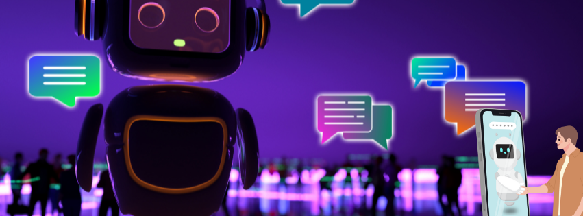 shows a robot and chat icons around it and a man chatting with a robot for customer service, an important integration for reseller hosting businesses