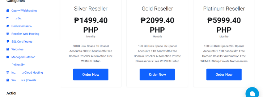 a screenshot showing the three reseller hosting plans: silver, gold and platinum all with different specs