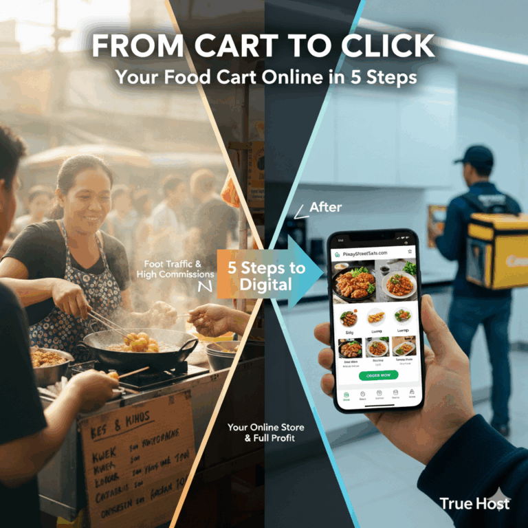 Image showing a woman serving food and a person's hand holding a phone with a menu